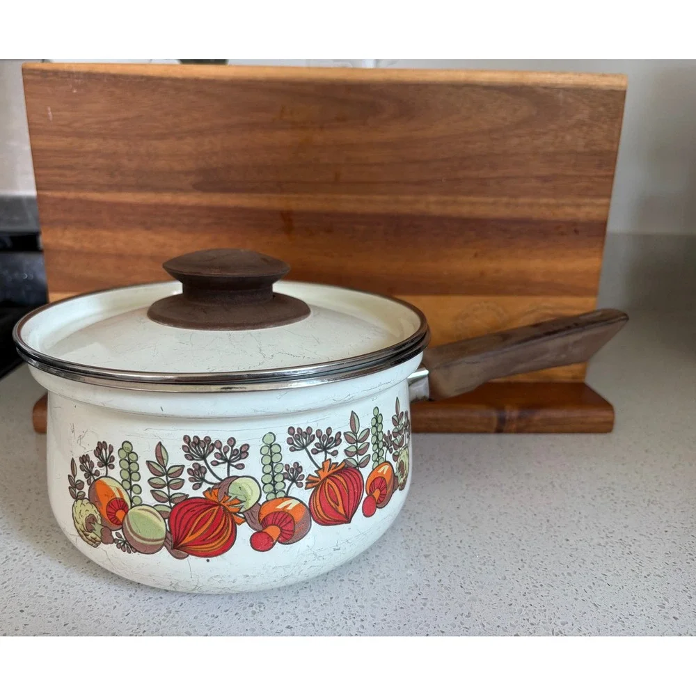 Vintage 70s Enamel Saucepan with Lid Retro Vegetable Botanical MCM Cottagecore